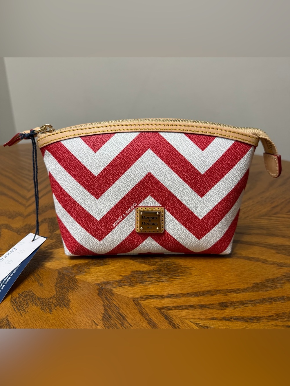 Dooney & Bourke Red and White Chevron Cosmetic Pouch with Tan Trim